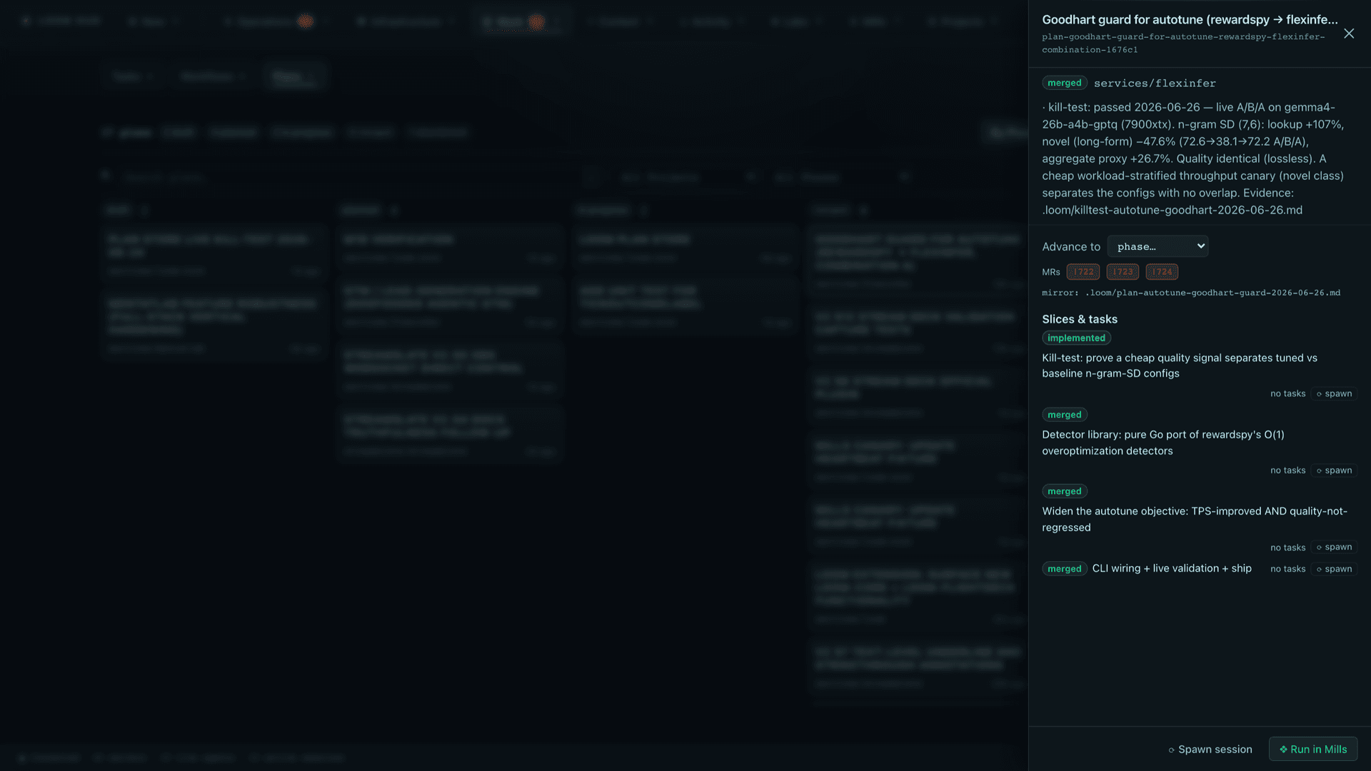 Loom HUD plan detail drawer showing kill-test evidence, linked merge requests, and per-slice task status.