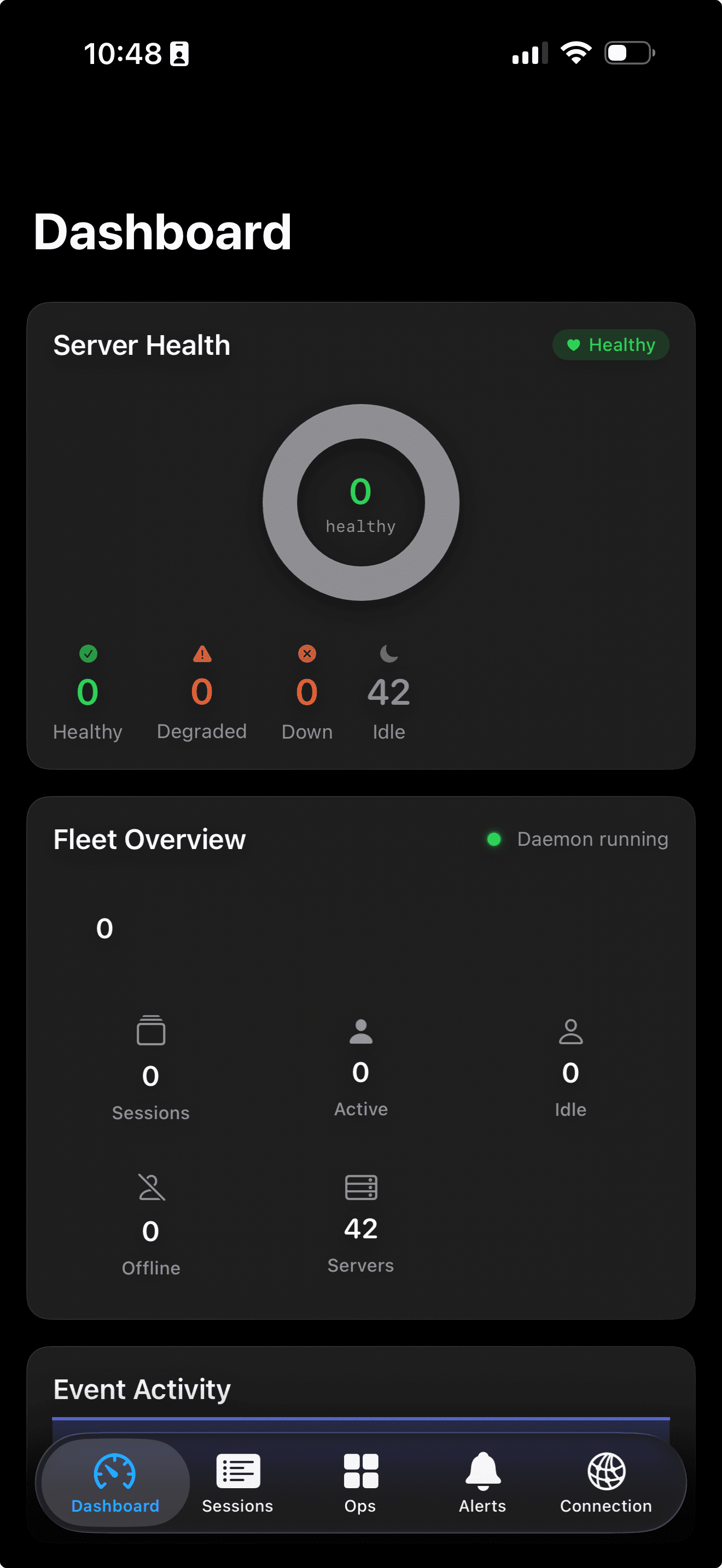 Loom Companion dashboard showing server health ring, fleet overview, and event activity.