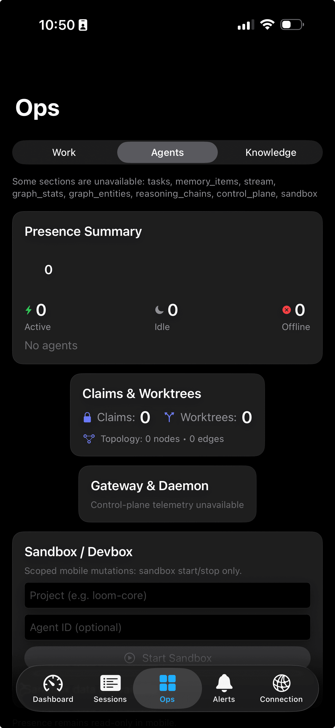 Loom Companion Ops view showing agent presence, claims, worktrees, and sandbox controls.