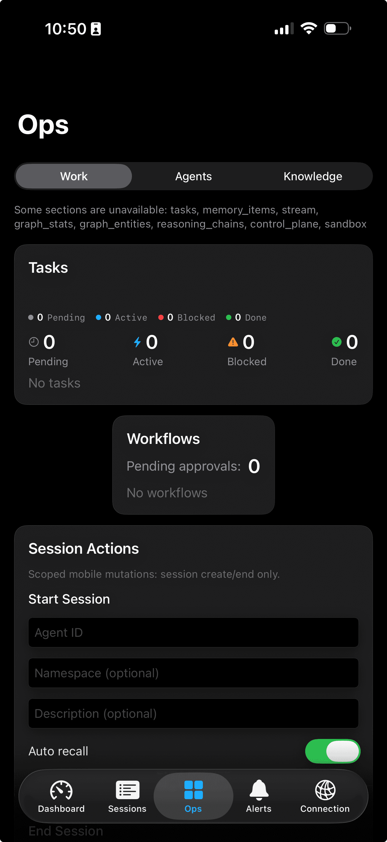 Loom Companion Ops view showing tasks, workflows, and session actions.