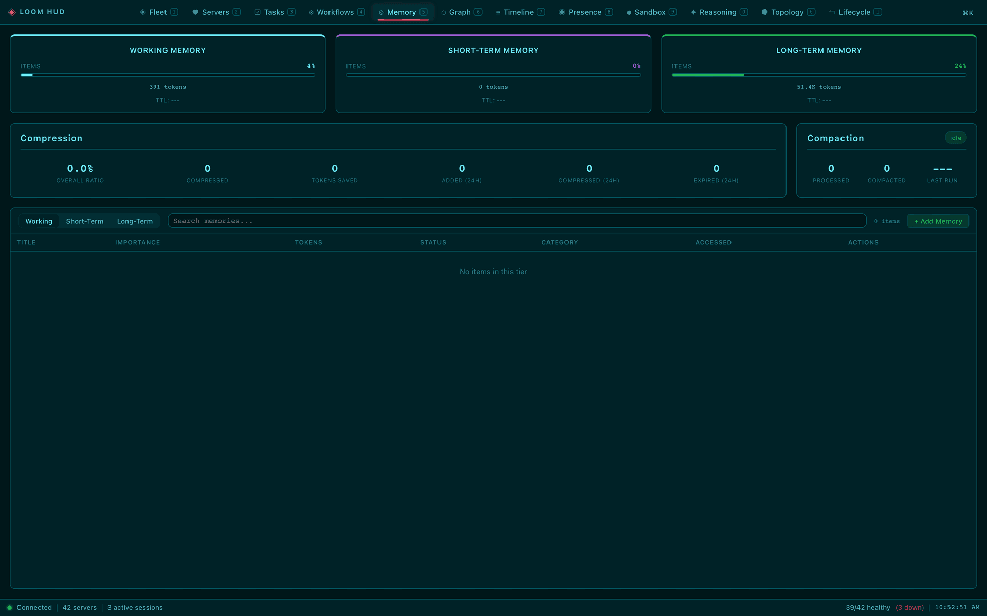 Loom HUD Memory view showing tiered memory, compaction, and search.