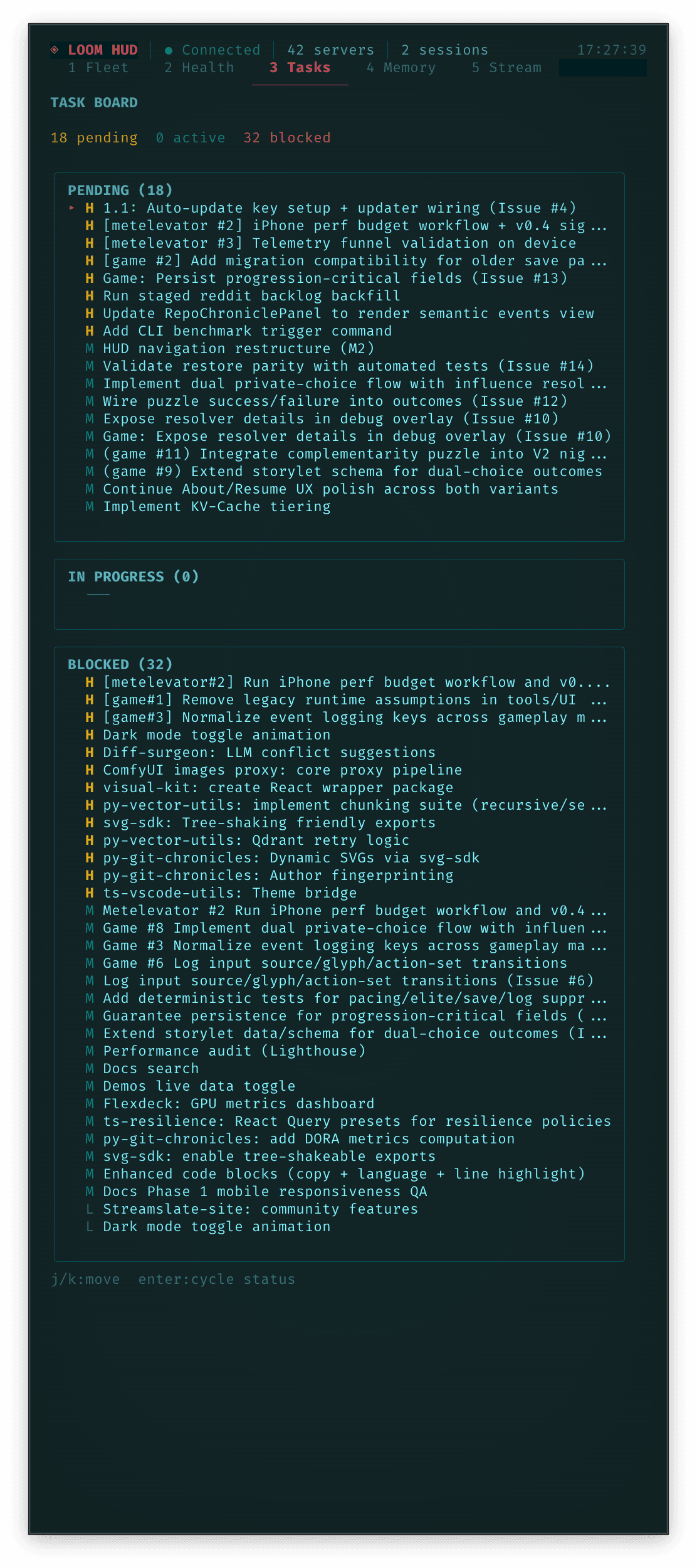 Loom HUD Tasks view showing prioritized tasks with status and blockers.